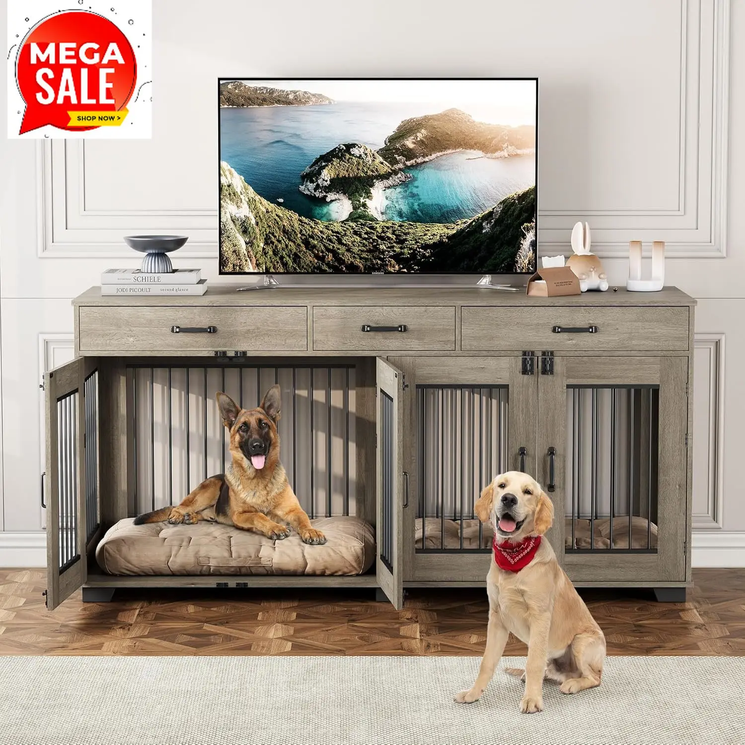 

71'' Double Dog Crate Furniture, Large Dog Kennel Indoor with 3 Storage Drawers and Removable Divider for 2 Dogs, Heavy Duty Dec