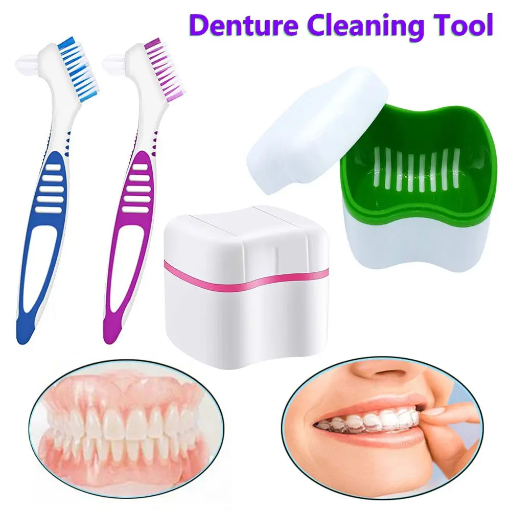 Caja de almacenamiento de viaje, herramienta de limpieza, caja para dentadura postiza, estuche para dentadura de baño, cepillo limpiador, contenedor para dentaduras postizas con cesta