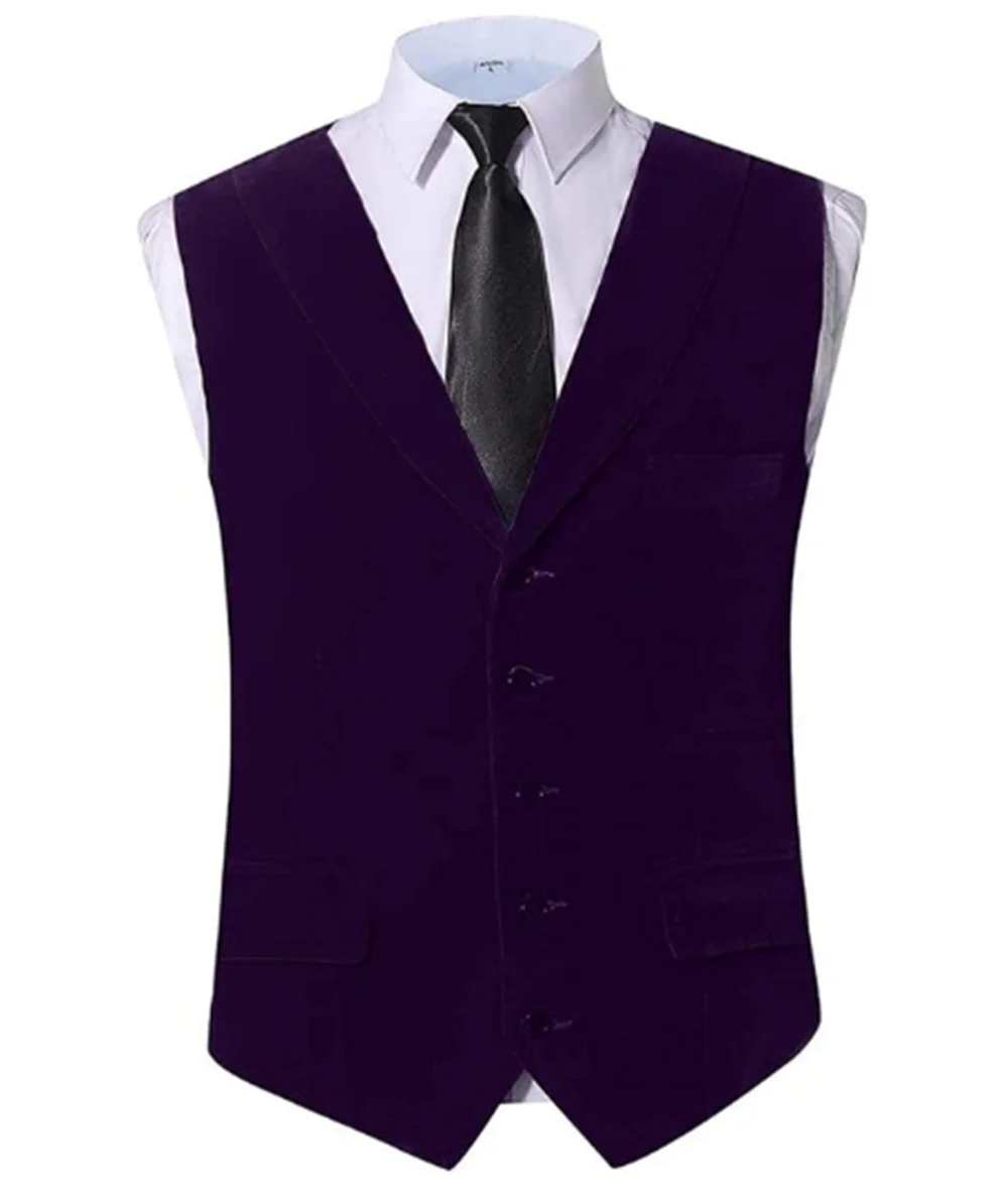 Purple V-Neck Men'S Velvet Vest Wedding Wear Winter Thick Peaked Lapel Male Waistcoat Tailored Costume Homme Dinner Party Wear