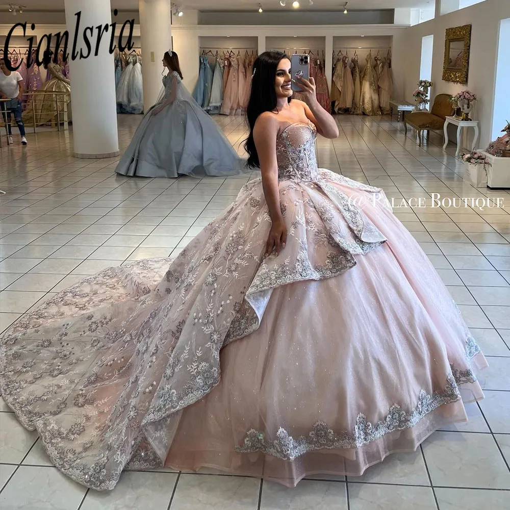 Pink Sweetheart Quinceanera Dresses For 15 Party Fashion Detachable Sleeves Applique Formal Birthday Princess Gowns