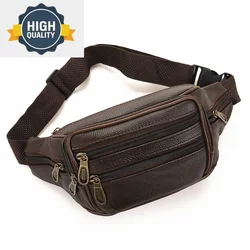 Bolso cruzado de cuero genuino para hombre, bolsa de viaje informal, Color negro café, riñonera de Color sólido, cinturón, bolsas para teléfono