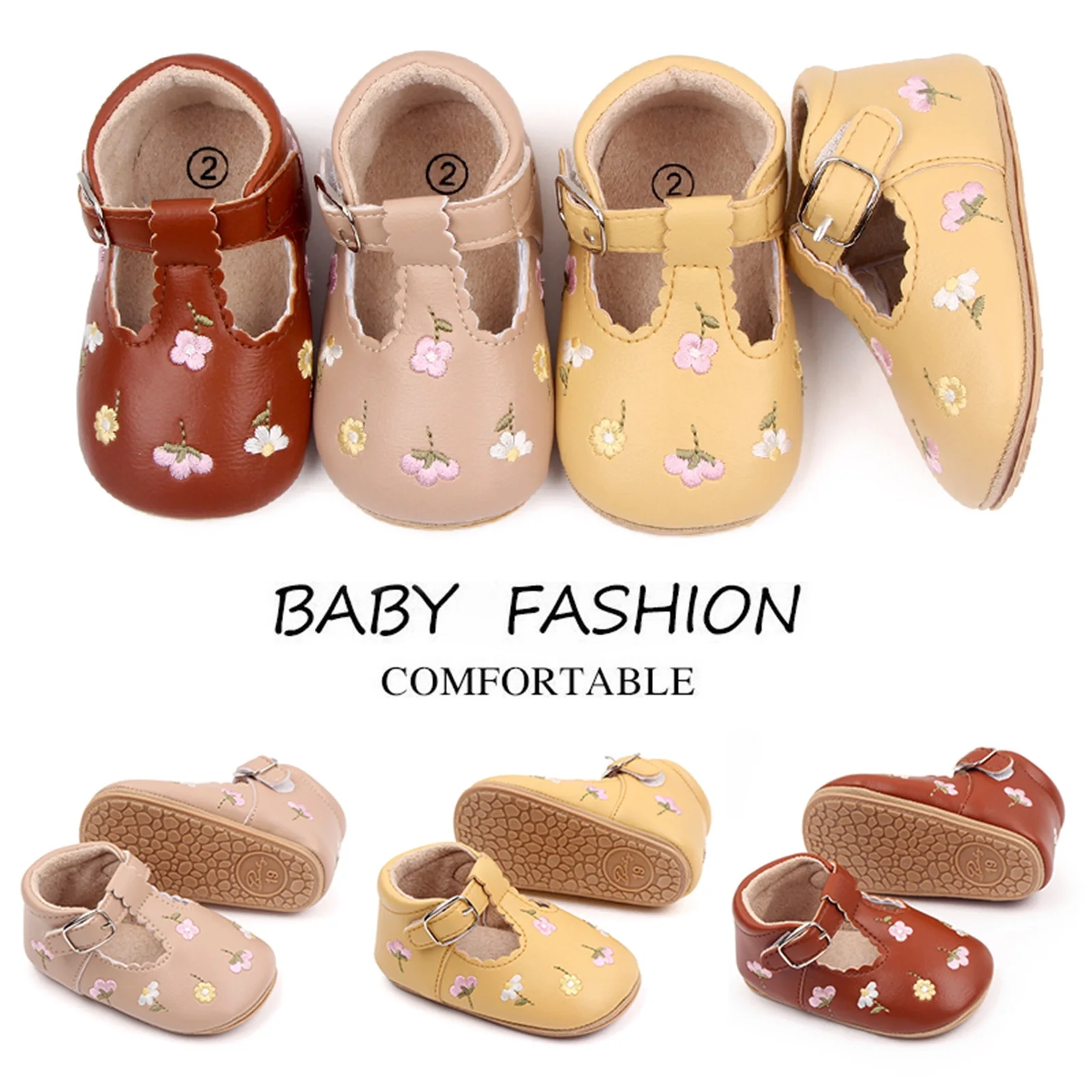 Embroidery Flower Baby Girls Shoes Premium Flats Rubber Sole Anti-slip Toddler Infant First Walkers PU Leather Crib Shoe