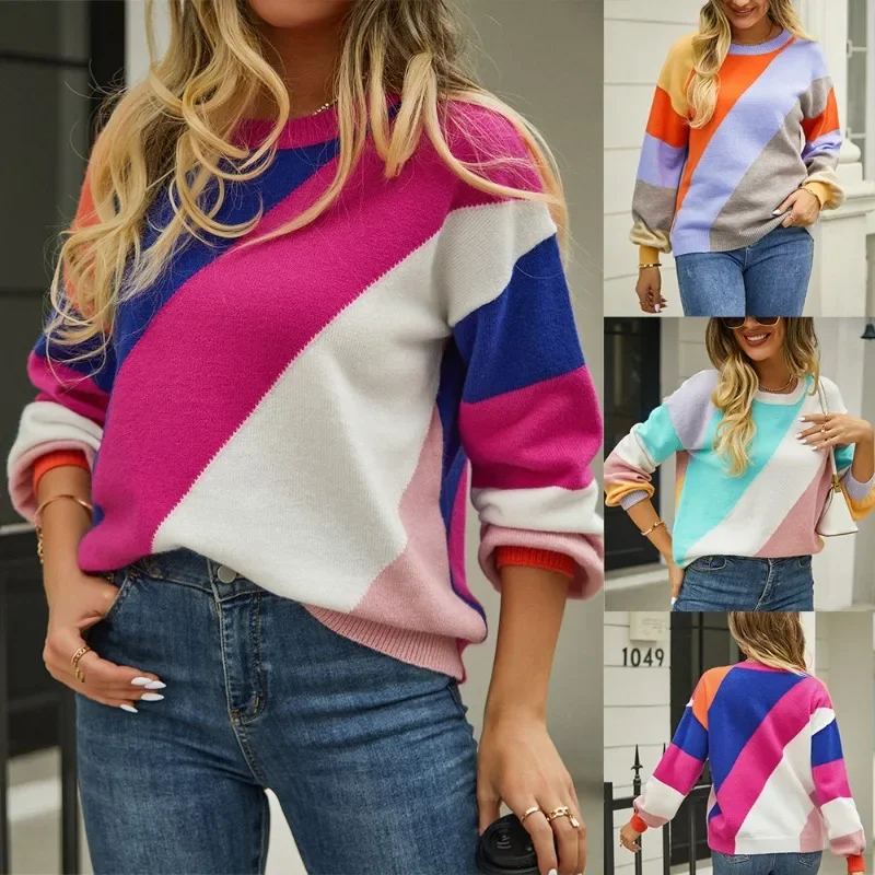 

Autumn and winter new women's sweater, striped splicing fashion crew neck jumper