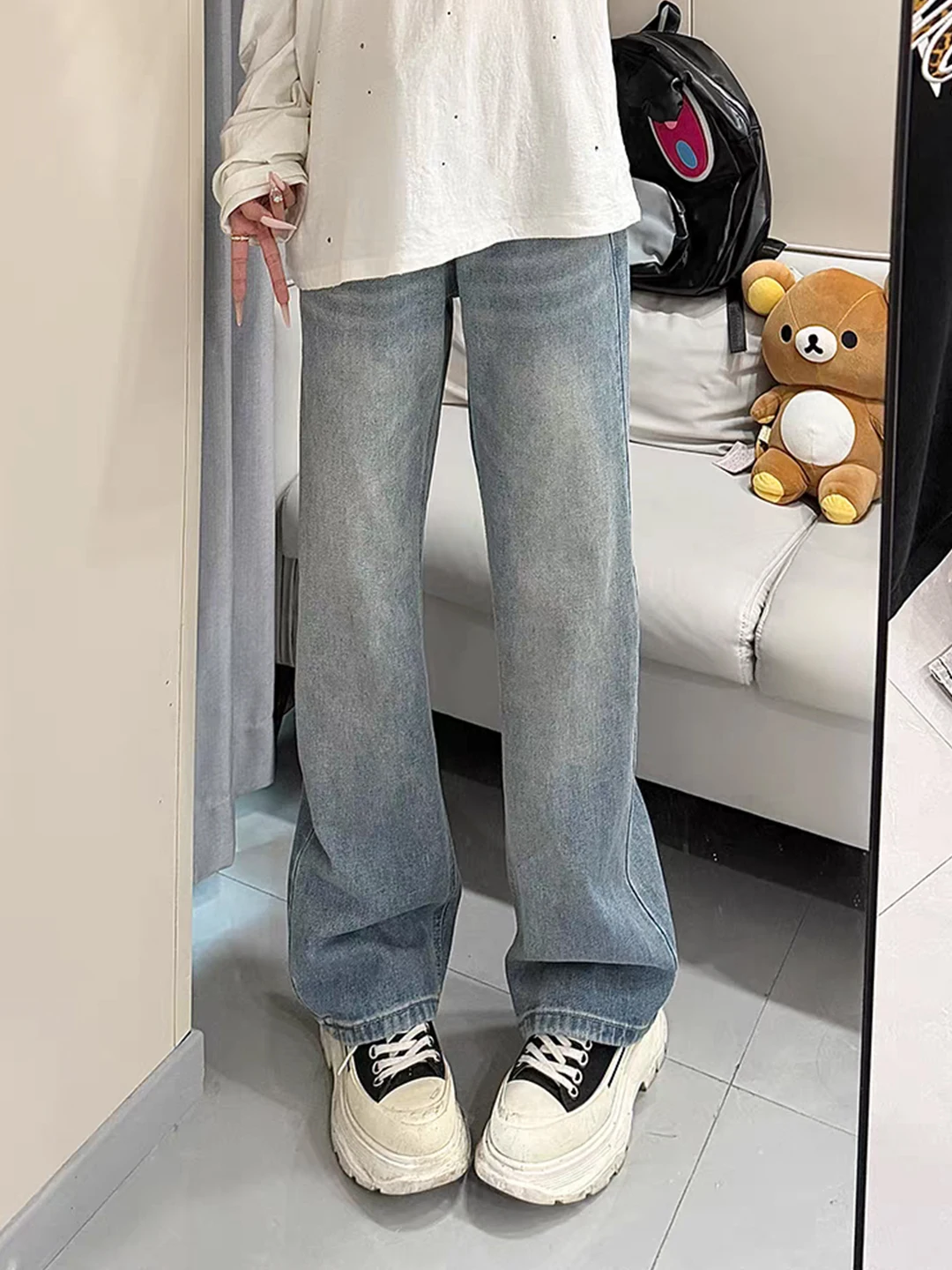 

Светло-голубые джинсы из выстиранного денима для мужчин, зимние, в американском уличном стиле, расклешенные, на флисовой подкладке, прямого кроя