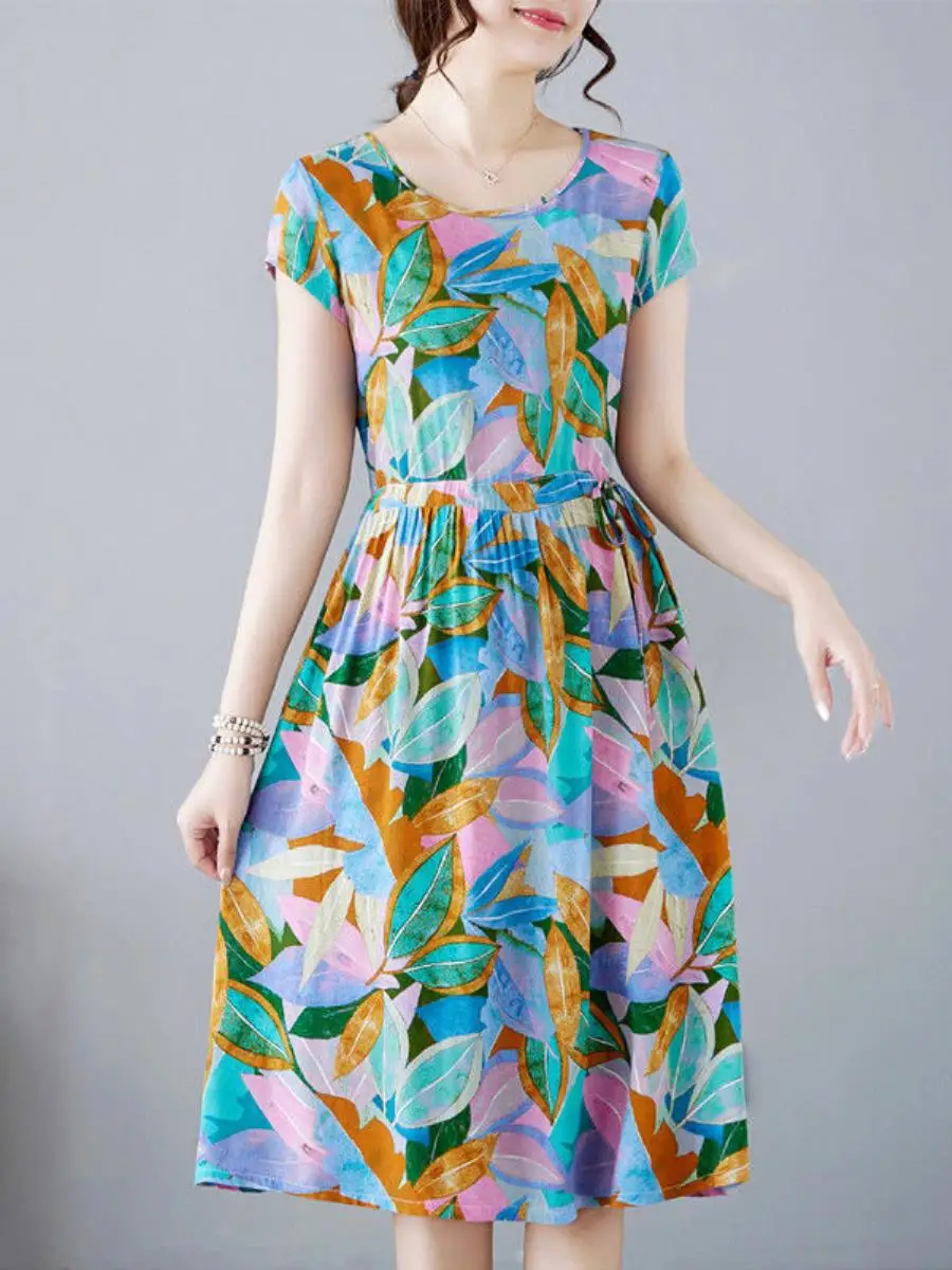 casual-cotton-silk-short-sleeve-dress-women's-knee-length-over-belly-waist-cinching-midi-dress-fashionable-loose-slimming