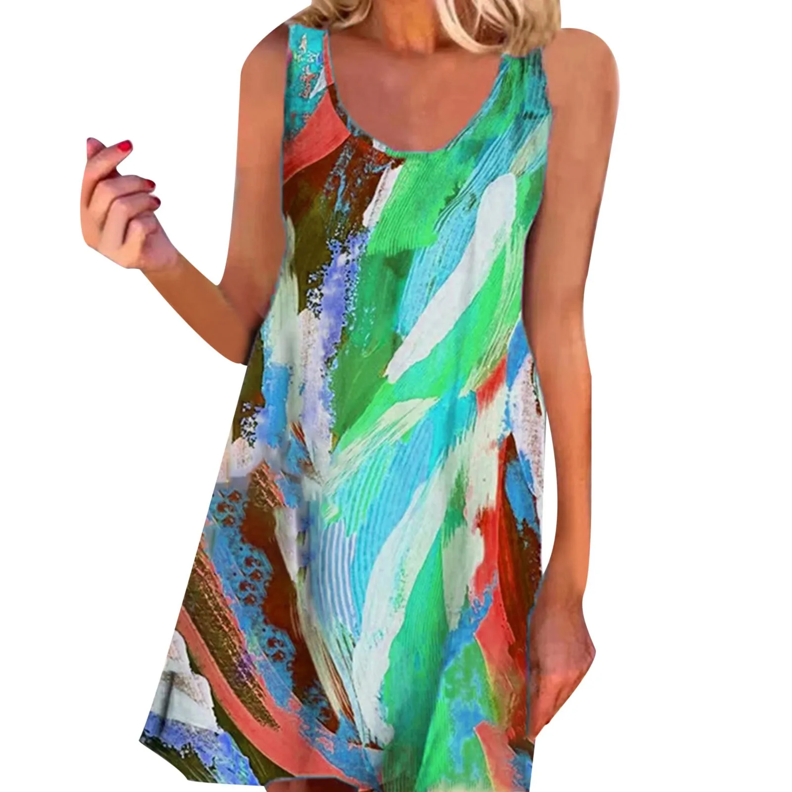 

Women's Loose Sleeveless Dress Printed Casual U Neck Sundress Casual Dress Office Ladies Ruffles club Evening party dress