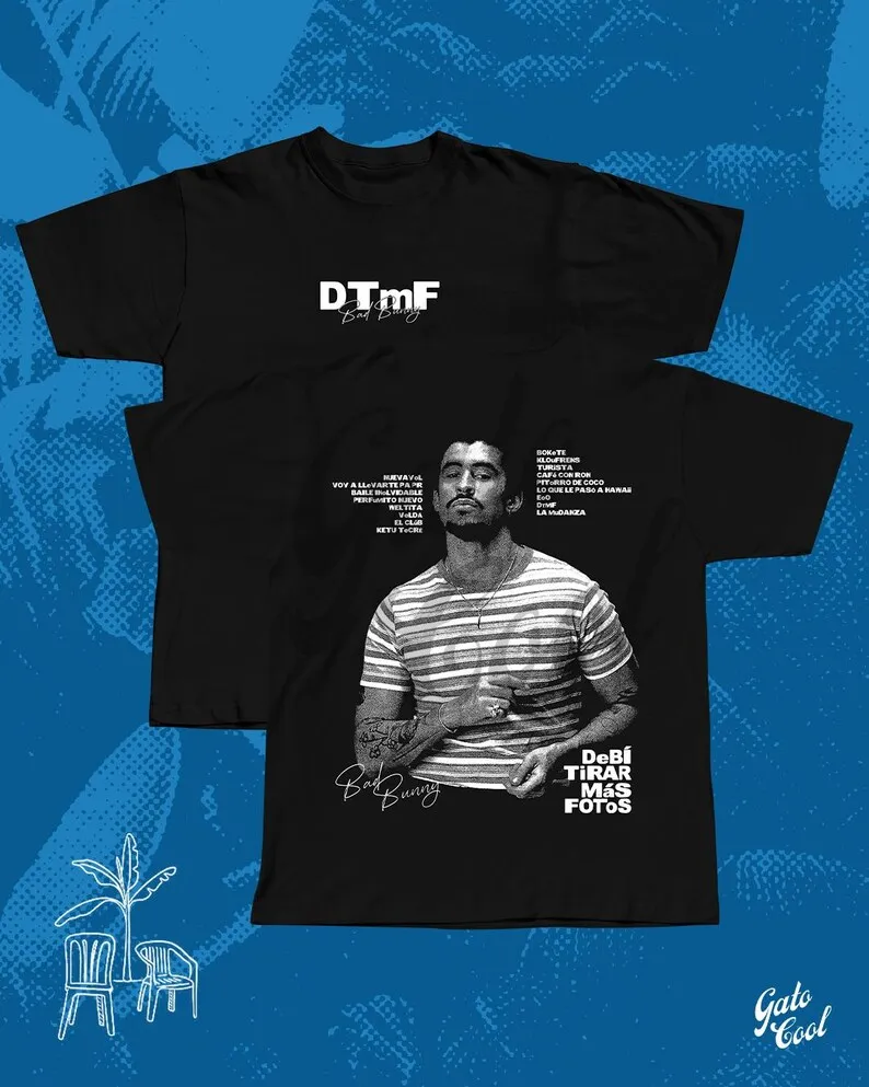 Bad Bunny DTMF Themed Double-Print T-Shirt: Black Oversize Base with Artist Portrait & Signature Design Fan Merch