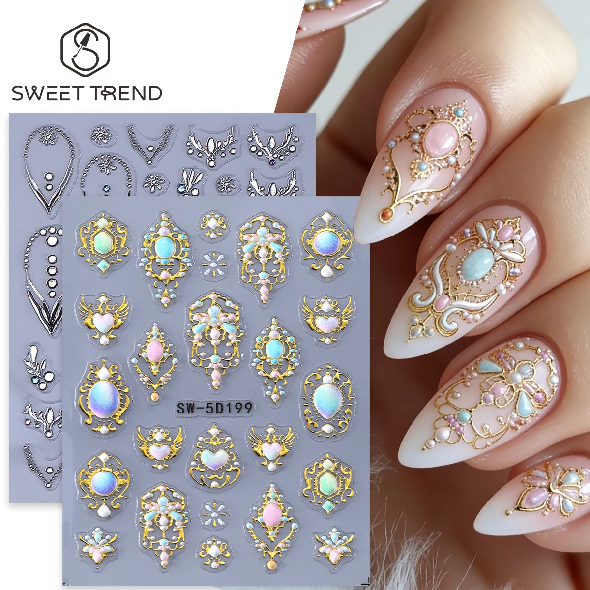 2 Stück Luxus Bohemian Totem Nagel geprägte Aufkleber 5D Edelsteine Design elegante Edelsteine Herz selbstklebende Abziehbilder Hochzeit Maniküre Dekor
