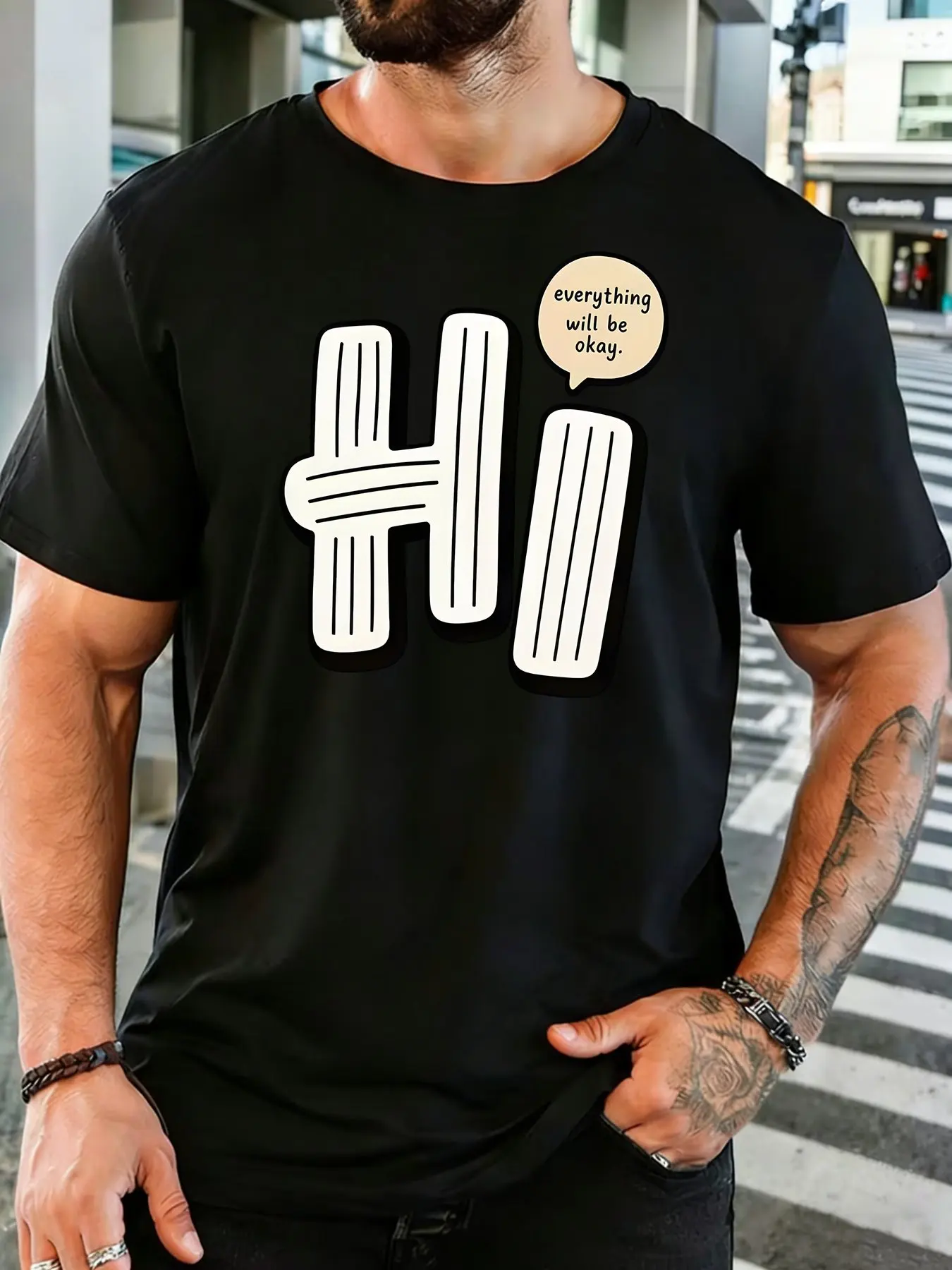Mens Soft Cotton Tee Hi Letter Everything Will Be Okay Speech Bubble Print O Neck Short Sleeve Loose Casual Daily Top For Men
