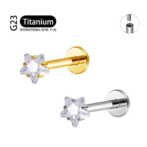 ASTM F136 Titanium 16G Five-Pointed Star CZ Cartilage Helix Earring Trinity CZ Tragus Stud Conch Earlobe Lip Piercing Jewelry