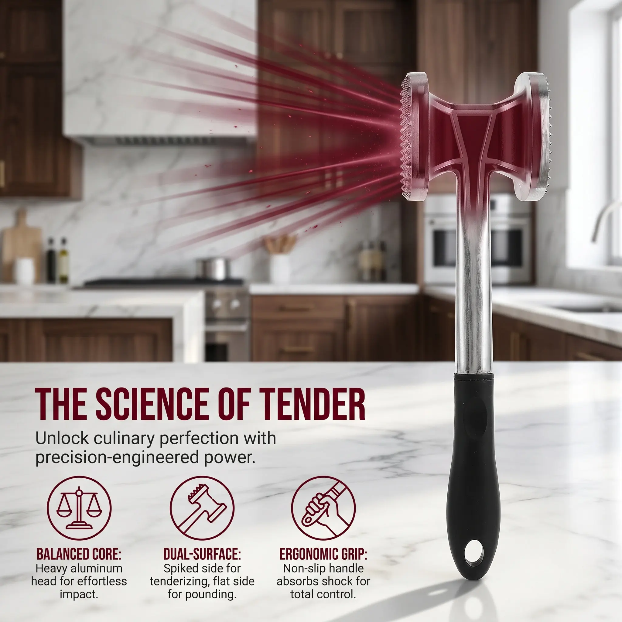 1Pcs Full-Aluminum Meat Tenderizer Hammer Dual-Sided Smooth Textured Head Comfort Grip Rubber Handle for Steaks Meats Cucumbers