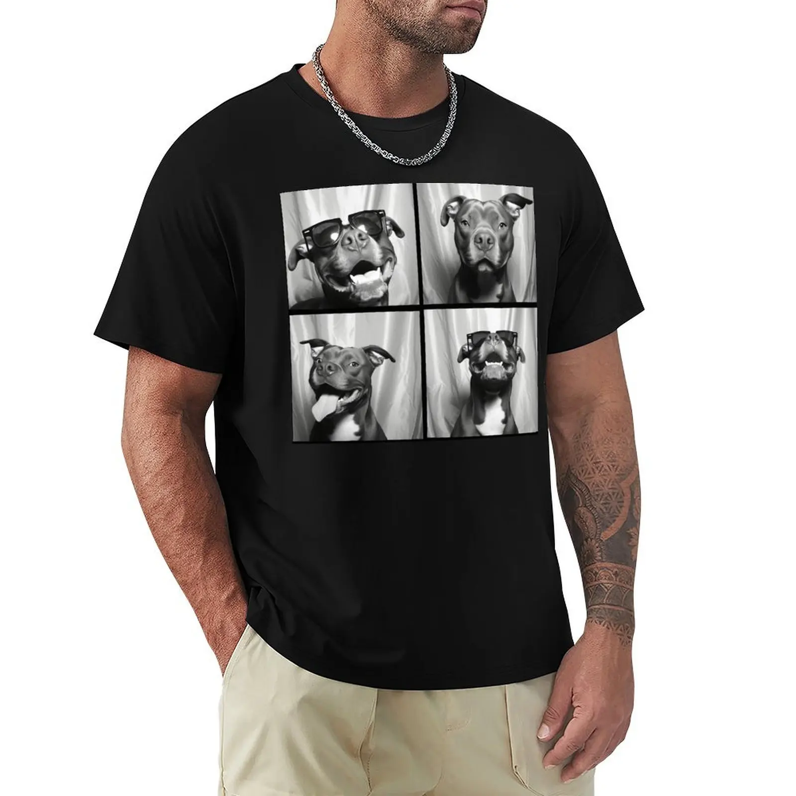 Funny Pitbull Photobooth Session Retro Vintage Black and White T-Shirt man t shirts cotton T-Shirt