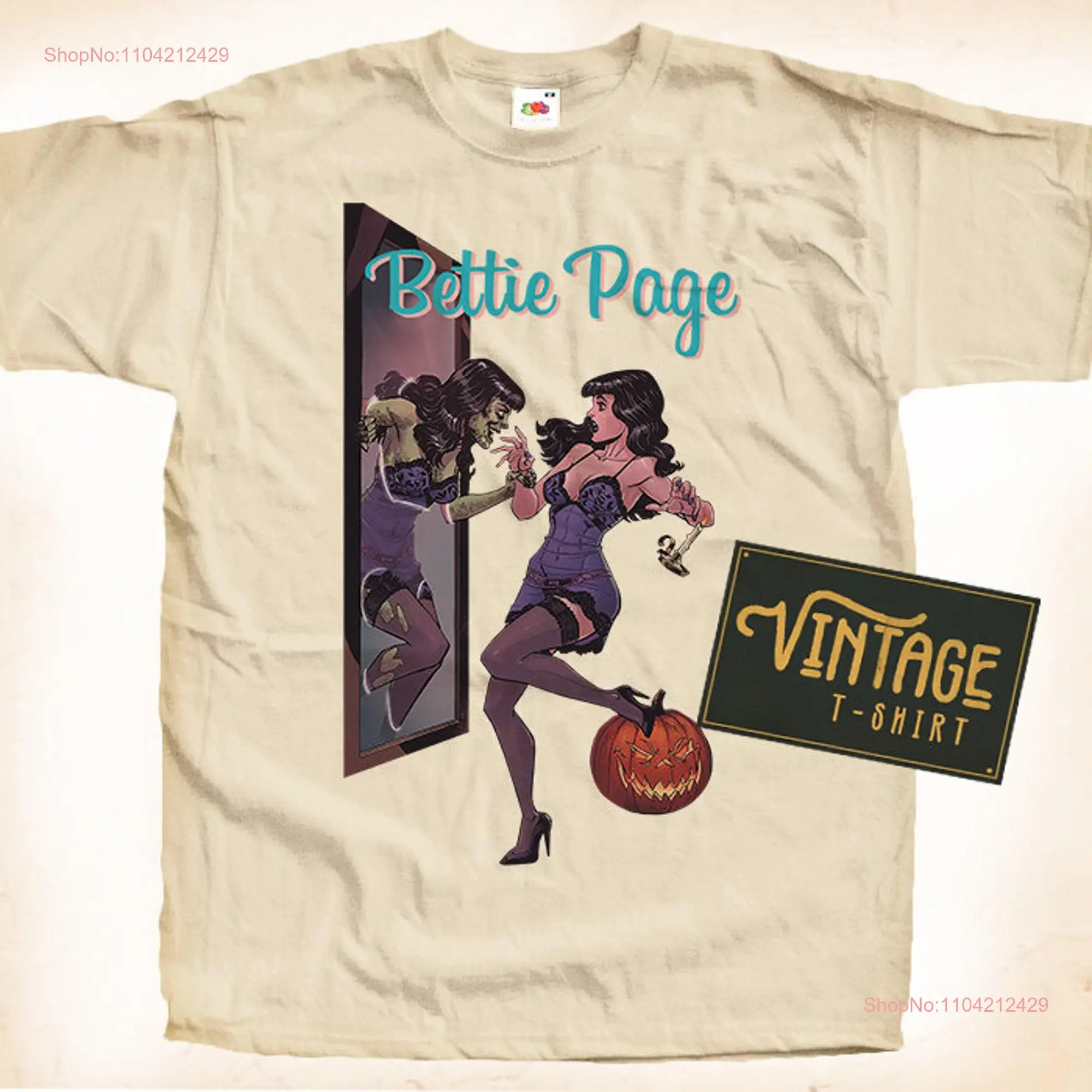 Bettie Page V2 T Shirt Vintage Natural color Men's DTG Digital Print SIZES S M L XL 2XL 3XL 4XL 5XL long or short sleeves