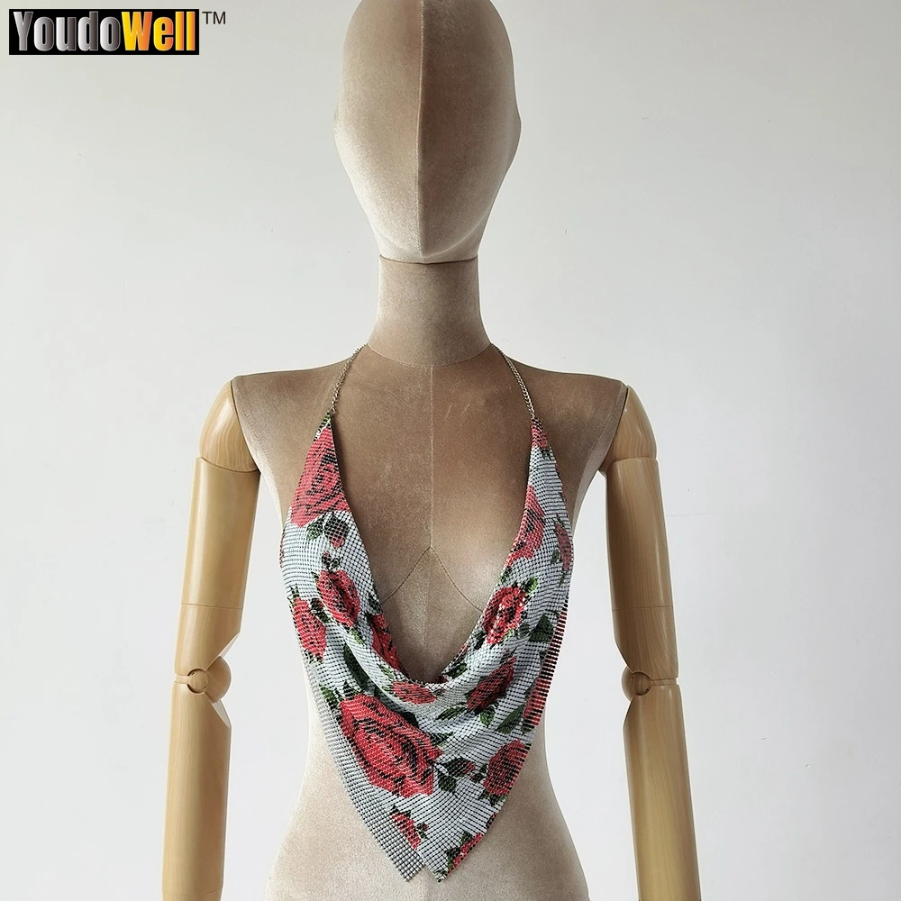 

Women's Rose Pattern Square Scarf, Deep V Neck Top, Sexy Babes, Metal Sequin, Wrapped Breast, Navel, Nightclub Jumping Disc Vest