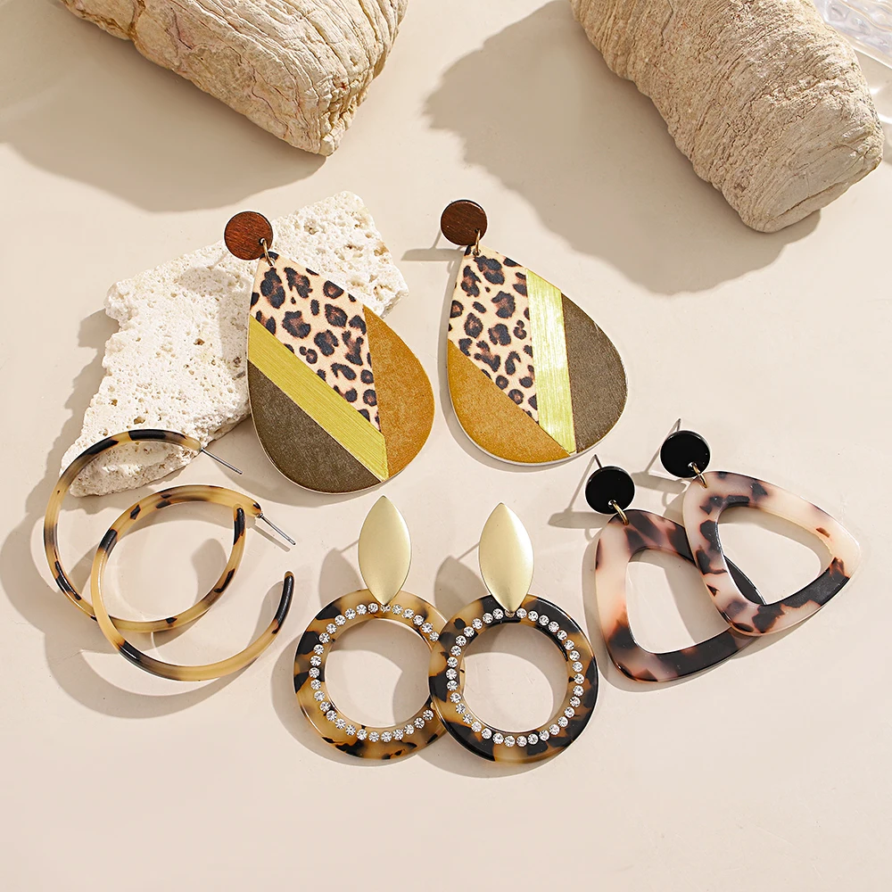 AENSOA Leopard Print Retro Light Luxury Acetate C-shaped Earrings Multiple Style Rhinestone Inlaid Geometry Hollow Out Jewelry