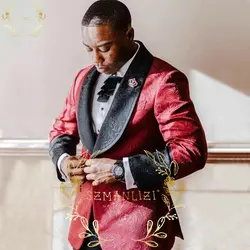 Elegant Men's Suit Wedding Groom Tuxedo 2 Pieces Burgundy Jacquard Jacket Pants Formal Male Party Dress Groomsmen Customized