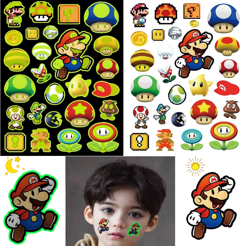 Super Brother Luminous Tattoos for Kids Mario Styles Temporary Tattoos Stickers Boys Girls Glow Party Supplies Gift for Children