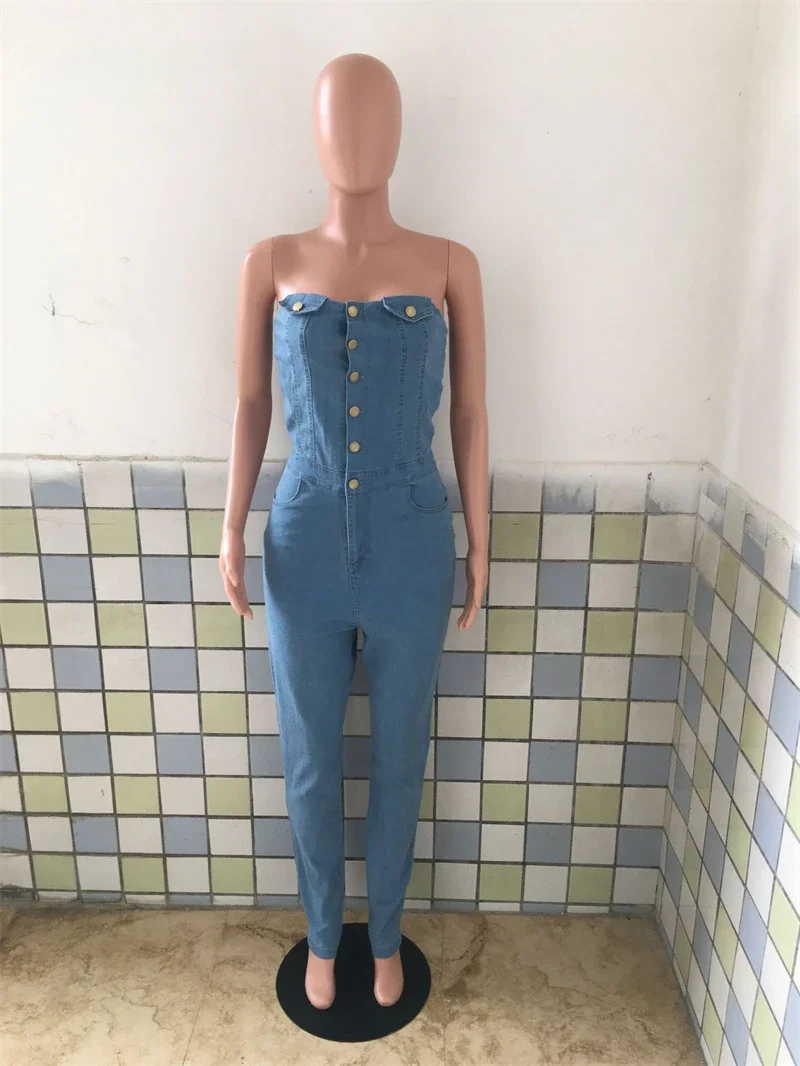 Ropa de calle, monos vaqueros, ropa de verano para mujer, Catsuits sin mangas sin tirantes, peleles vaqueros, monos de una pieza, trajes