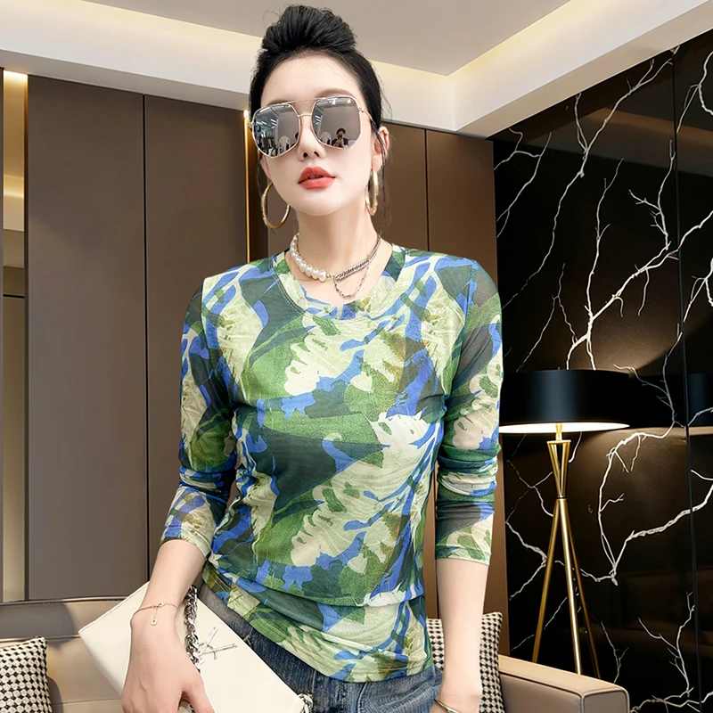 MadBlack-Women's European T-Shirt, Sexy O Neck Geometry Print, Fashion Long Sleeve Slim S-3XL Mesh Tee, 2026 Summer New T63972CC