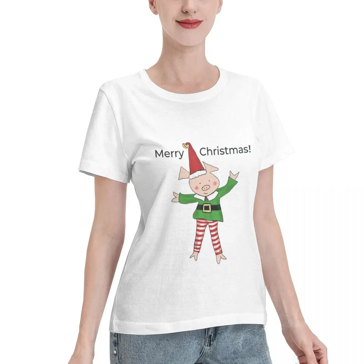 Soft Comfy Christmas Elf Elf Costume Wearing Cute Pig Merry Christmas! Women's T-shirt Breathable Wear Outdoor Casual Top