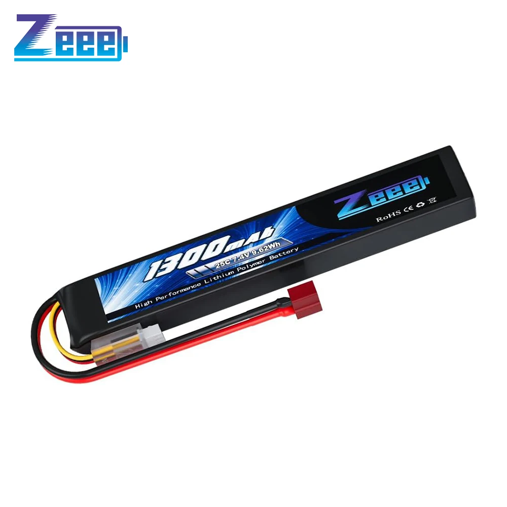 Zeee 2S 1300mAh Airsoft Lipo Battery 7.4V 25C 2S Stick Battery with T Plug for Airsoft Guns Rifle AK47 MP5 Airsoft Models Parts