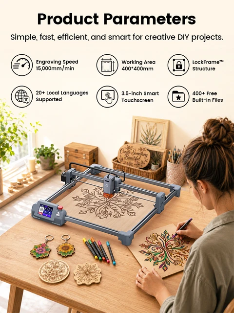 AlgoLaser DIY KIT MK3 Desktop Laser Engraver 95% Pre‑Assembled 8W‑20W Laser Cutter 400×400mm Touch Control Support Rotary Module 10