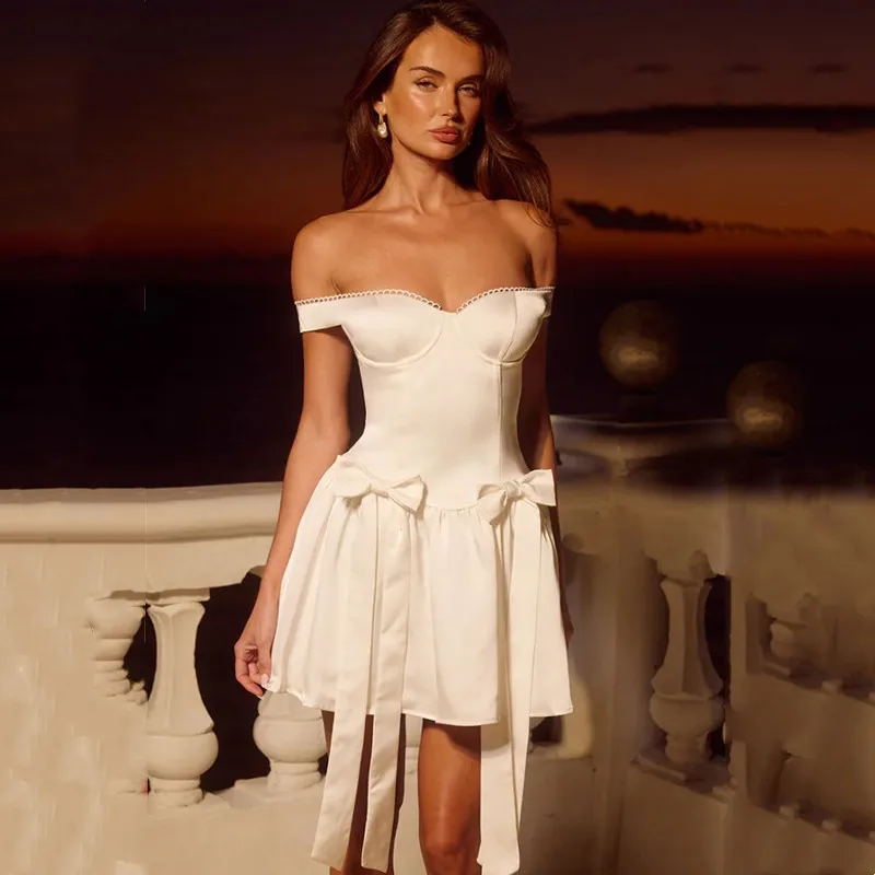 

Boho Mini Satin Wedding Dress Simple Off Shoulder Sleeveless Pleat Bows Bride Dress Sexy Backless with Zipper Gowns Customized