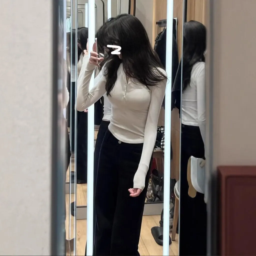 

Women's Long Sleeve Henry Shirt Casual Top Knitted Base T-shirt Tight Elastic Sports Thread Knitted Lulu Same Style
