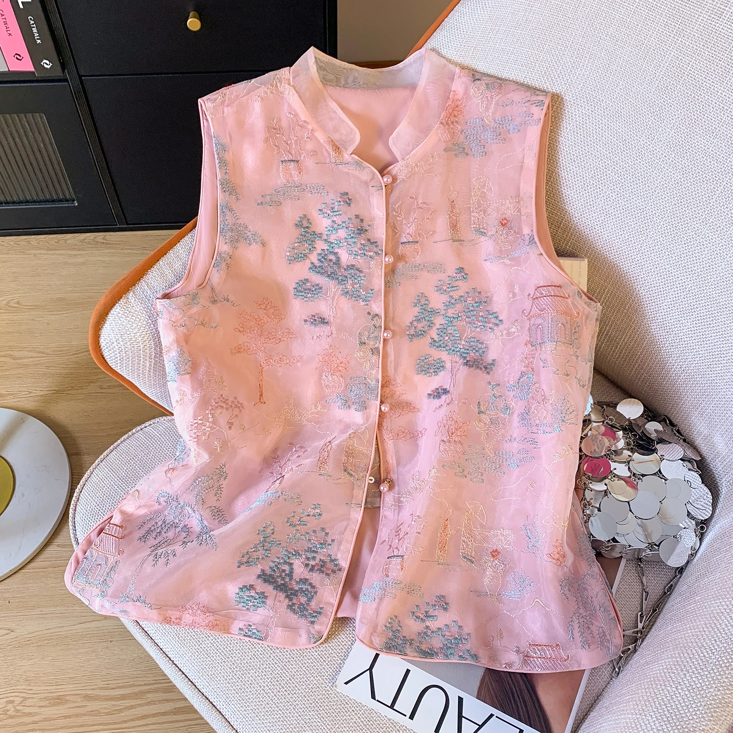 Embroidered Heavyweight Women's Vest Spring Summer Fashion New Chinese Style National Trend European Organza Stand Collar Top