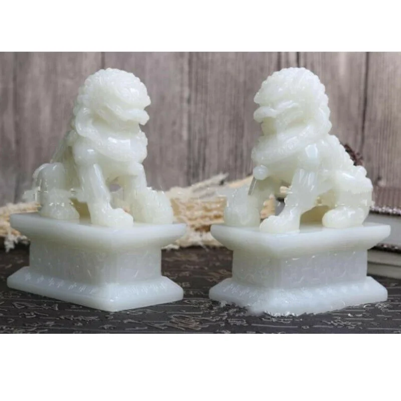 A Pair Fengshui Natural White Jade Hand-Carved Foo Dog China Lion Statues