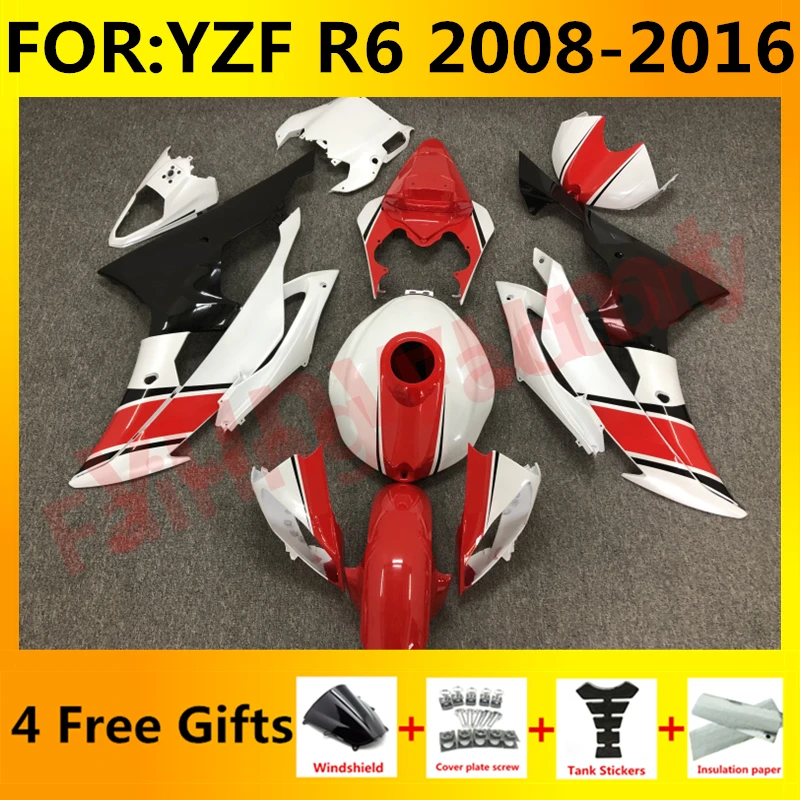 

Полный комплект обтекателей для мотоцикла, подходит для YZF R6 YFZ-R6 2008 2009 2010 2011 2012 2013 2014 2015 2016, Обтекатели для кузова, красный, белый