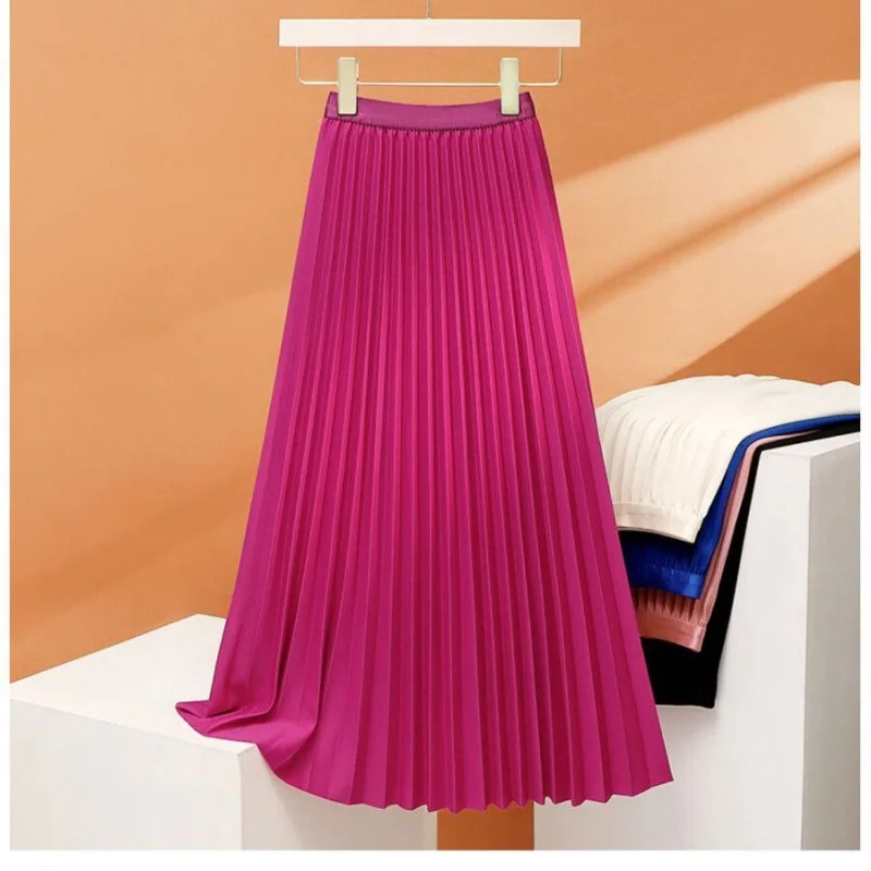 Black Long Pleated Skirt Women Summer 2024 Elegant Plain Korean Casual Simple Temperament High Waisted Midi Skirts 11 Colors