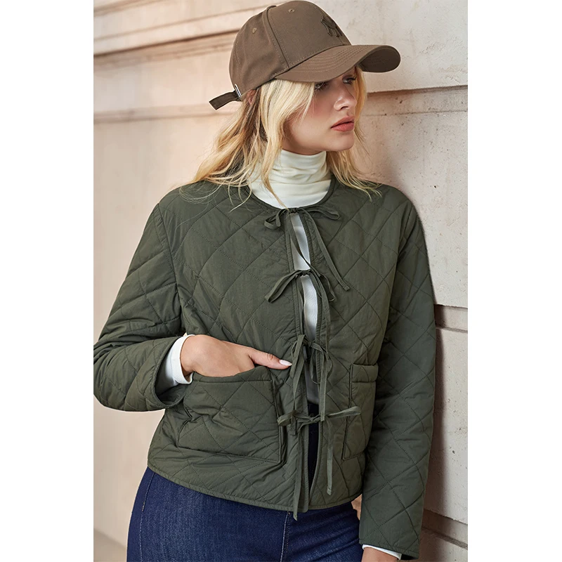 

Autumn Jacket For Women New Fashion Lace Up Cropped Coat Long Sleeve Quilted Green Solid Casual Streetwear Outerwear Pockects