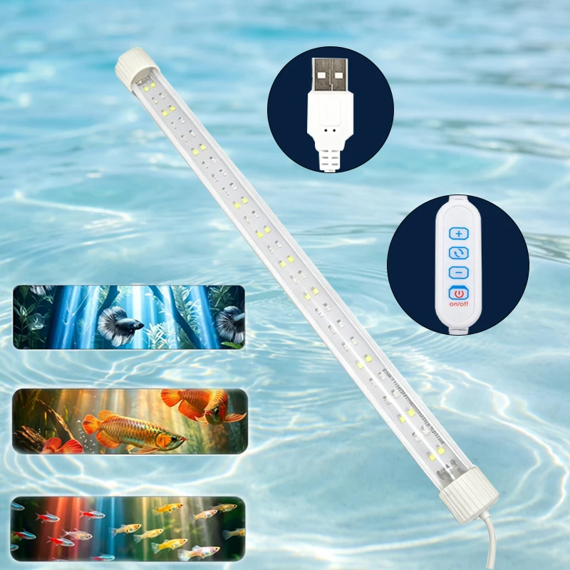 Aquarium Vollspektrum Weitwinkel Unterwasser-Fischbeckenlampe USB LED-Licht Wasserdichte Lampe 3 RGB-Farbmodi Dimmbare Helligkeit