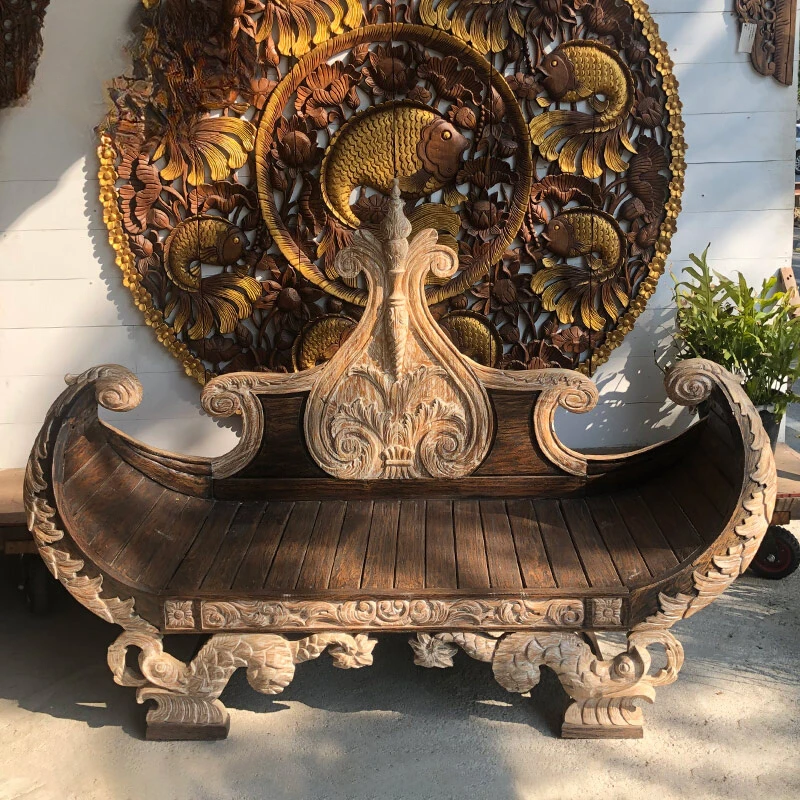 Furniture Thai classical solid wood Arhat bed wabi sabi living room antique teak carved sofa