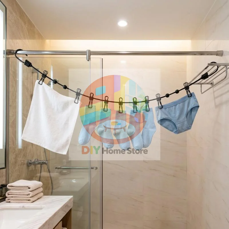 Retractable Clothesline 1Pcs with 12 Non Slip Clothespins Portable Plastic Drying Rope for Camping RV Laundry Use