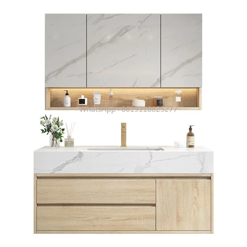 

bathroom cabinet vanity set simple solid wood high capacity marble countertop wall mounted