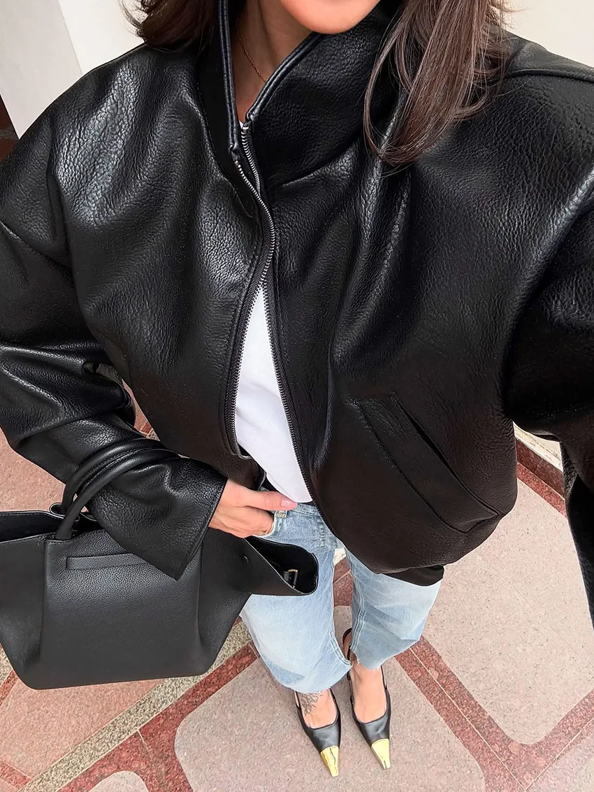 ソリッドブラックラペルショートレザージャケット女性ファッションスタンドカラーフルスリーブジッパーコーチジャケットレディシックストリートアウター