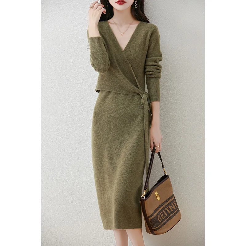 Women 100% Wool Dresses With Belt Knitted Jumpers 2024 New Fashion Winter V-neck Loose Dresses Female Mid-calf Pullovers