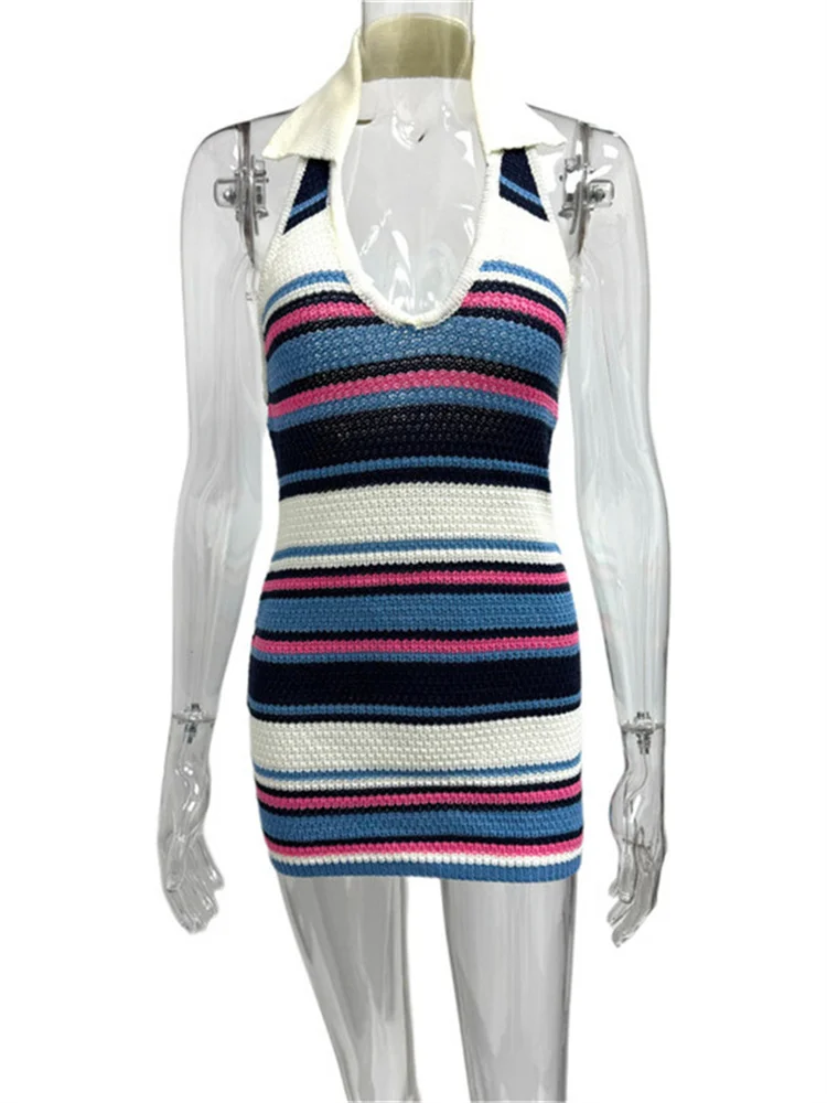 Weird Puss Crochet Stripe Patchwork Dress Women Halter Polo-Neck Backless Sleeveless Skinny Peach Hip Sexy Fashion Mini Bodycon