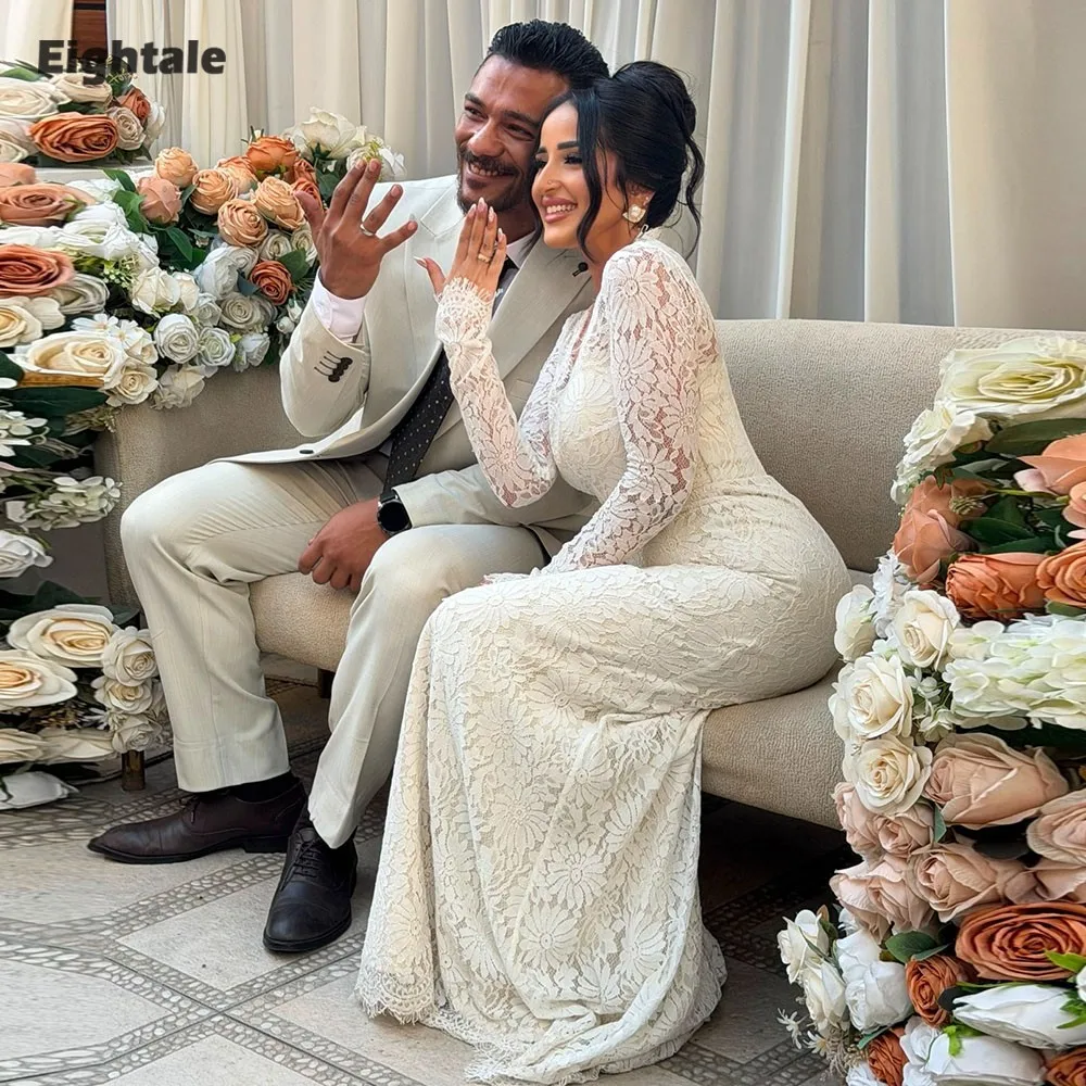 Eightale Arabisches Hochzeitskleid, maßgeschneidertes elfenbeinfarbenes Brautkleid mit langen Ärmeln, V-Ausschnitt, Spitze, muslimisches Meerjungfrau-Braut-Partykleid