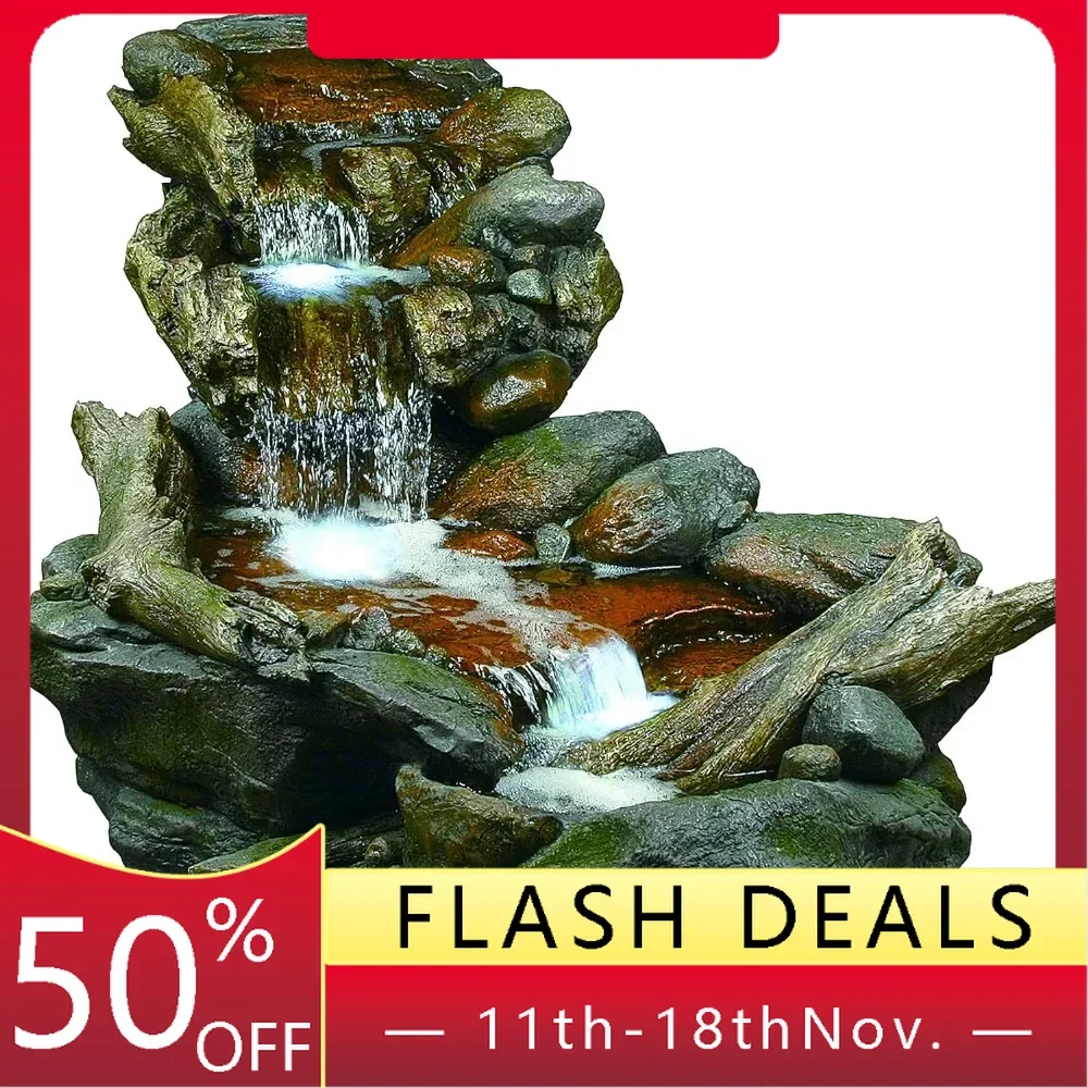 60 Inch Outdoor Three-layer Rainforest Rock River Hand-painted Fountain, Outdoor Fountain with LED Lights, and Waterfall