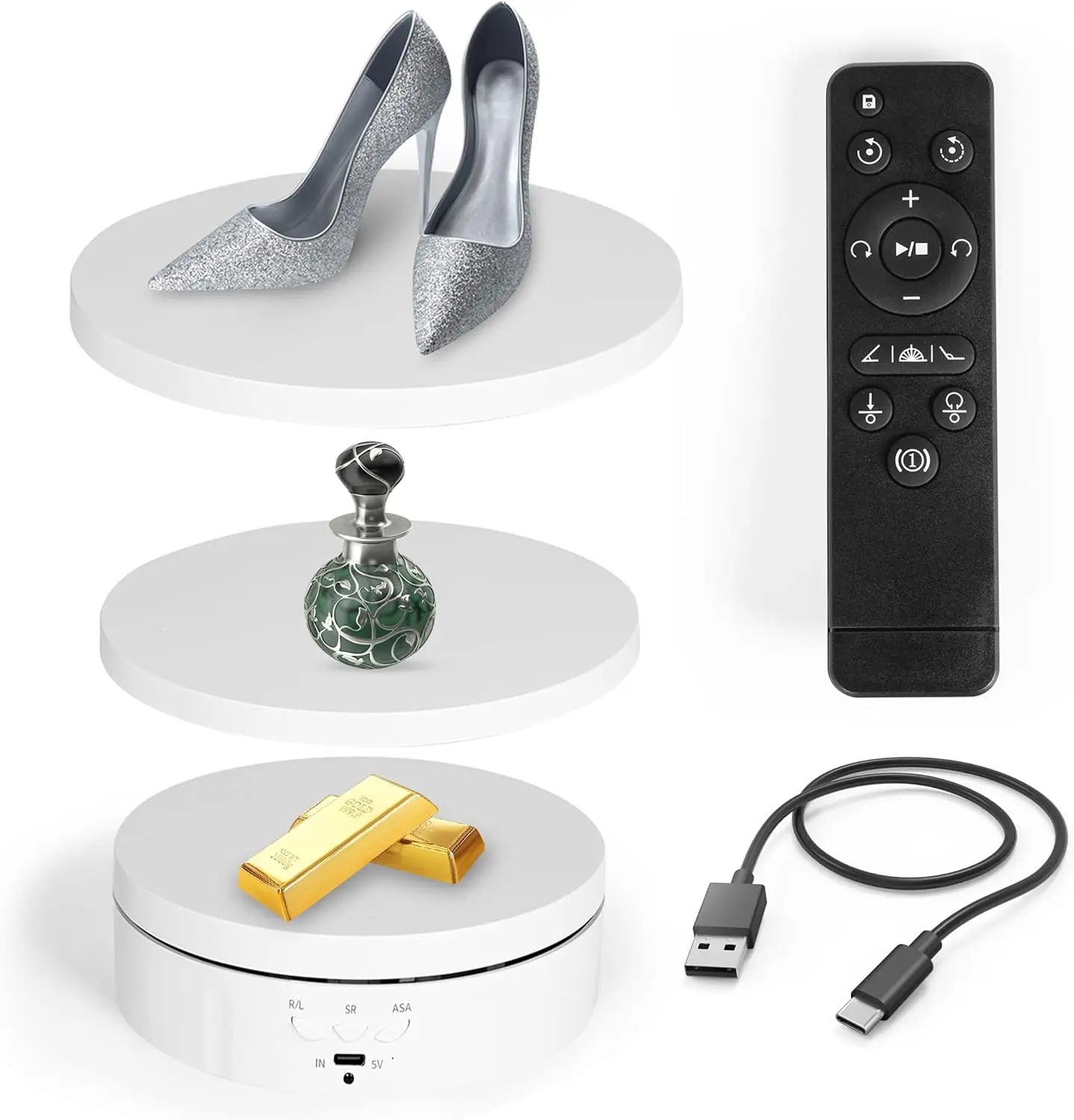 

Motorized Rotating Display Stand 360° Electric Platform with 3-in-1 Sizes5.74''7.08''8.66'' for Live Streaming & Photography.