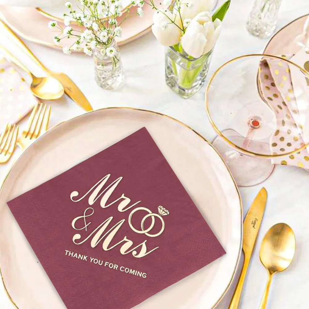 100pcs กระดาษทิชชูขนมหวาน Bronzing พิมพ์ Mr Mrs งานแต่งงานผ้ากันเปื้อน 3 ชั้นนุ่มค็อกเทลผ้ากันเปื้อนกระดาษทิ้งผ้ากันเปื้อน Home Party