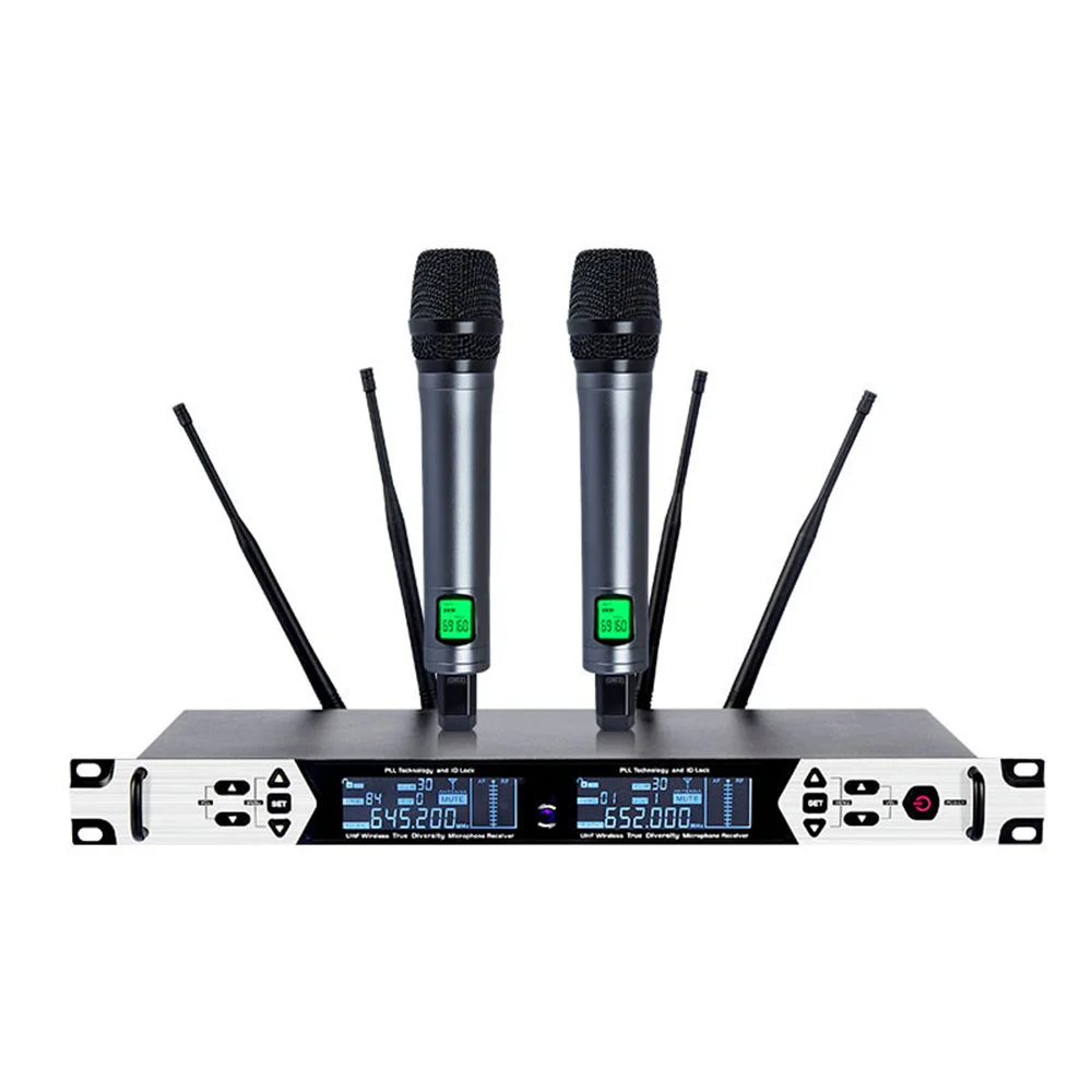 DJ 파티 무대 교회 공연용 무선 마이크, UHF 밴드 메탈 바디, 2 채널 핸드헬드 다이나믹 가라오케 마이크