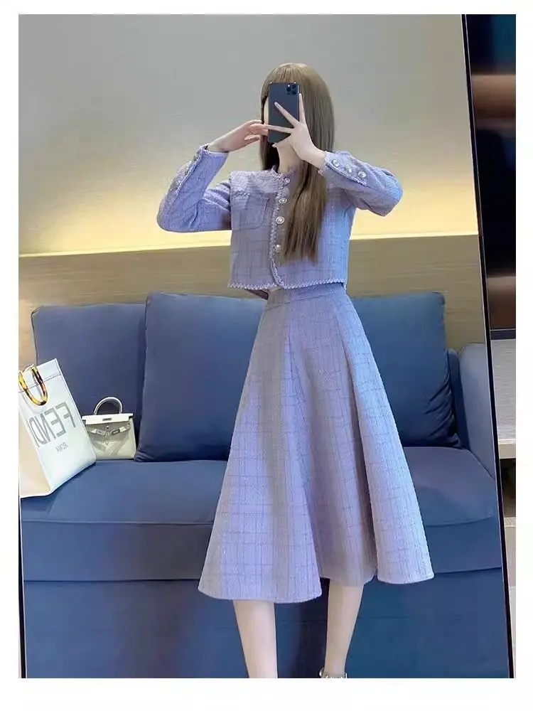 Elegant Purple Small Perfume Short Jacket Half-Body Skirt Suit Spring Autumn High-Class Sense Of French Two-Piece Skirt Women