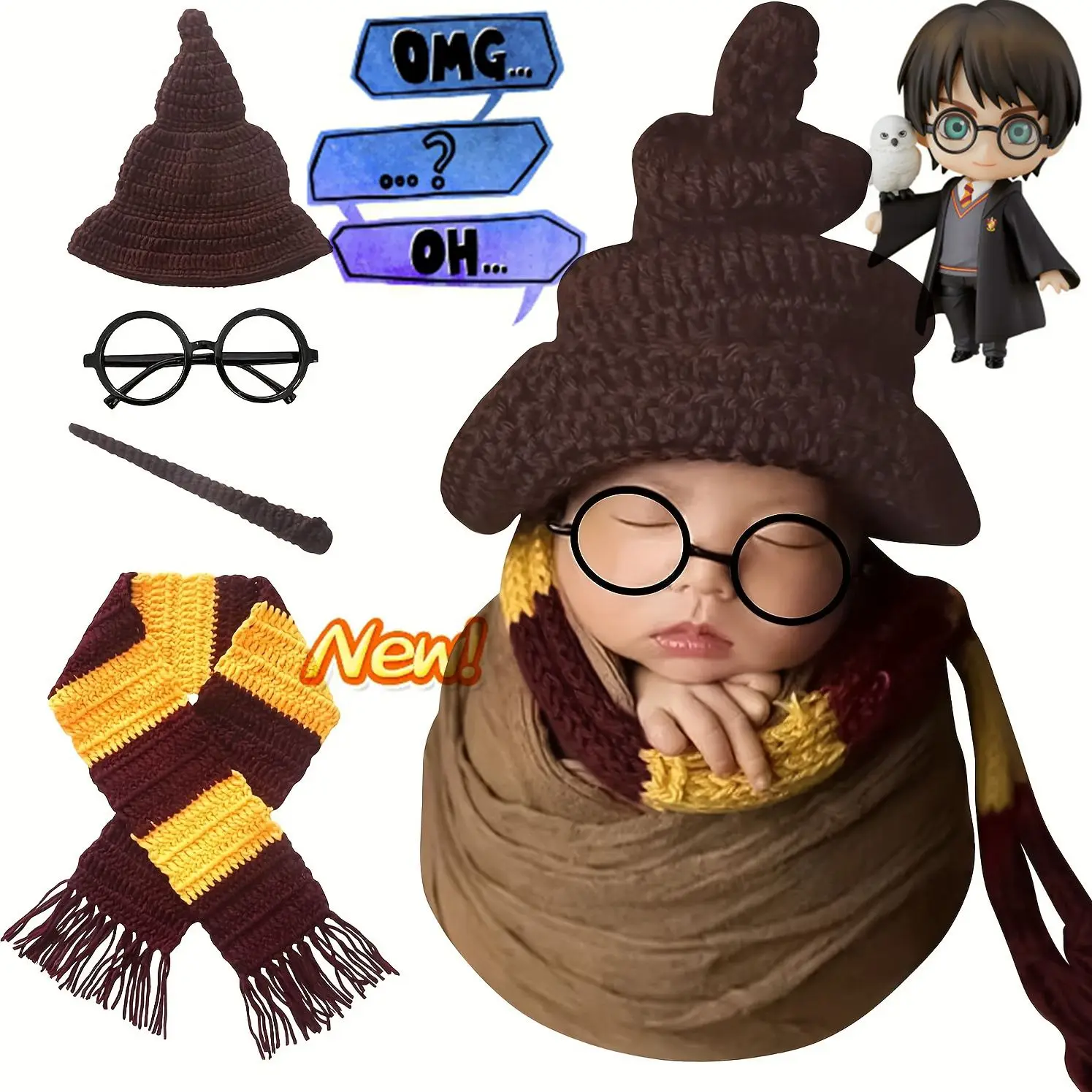 Gryffindor Newborn Baby 100Days Photo Props HarryyPotter Magic Battle Scarf, Magic Cap, Baby Posing, Photo Aid, Accessories Gift