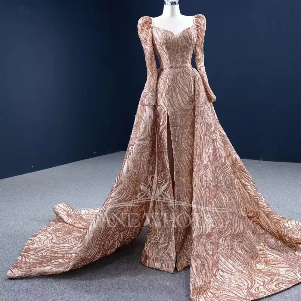 Vestido de fiesta de lujo para mujer, escote en forma de corazón de cristal con lentejuelas, manga larga, con cordones en la espalda, sirena de noche dorada personalizada