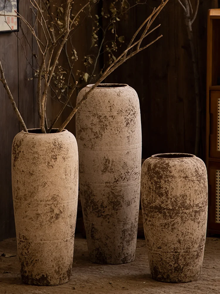 Floor-to-ceiling vase, quiet wind, ceramics, high-grade home decoration, retro coarse pottery, large pottery