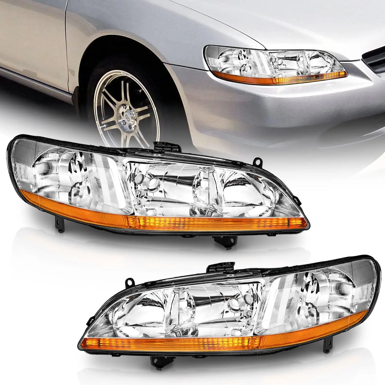 Par de conjuntos de faros para honda Accord 1998-2002 faros para 98 99 00 01 02 reemplazo de faros carcasa cromada ámbar Ref